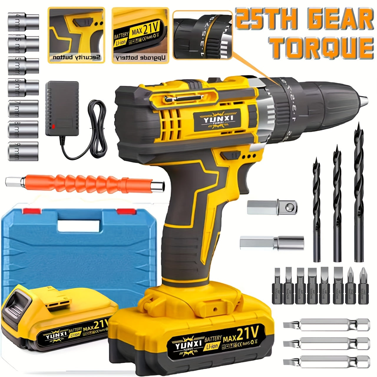 TEMU 21v Cordless Impact Drill Set, Wireless Drill Set, Household Power Tool Set, With Battery And Quick Charger, Battery Powered, Multifunctional