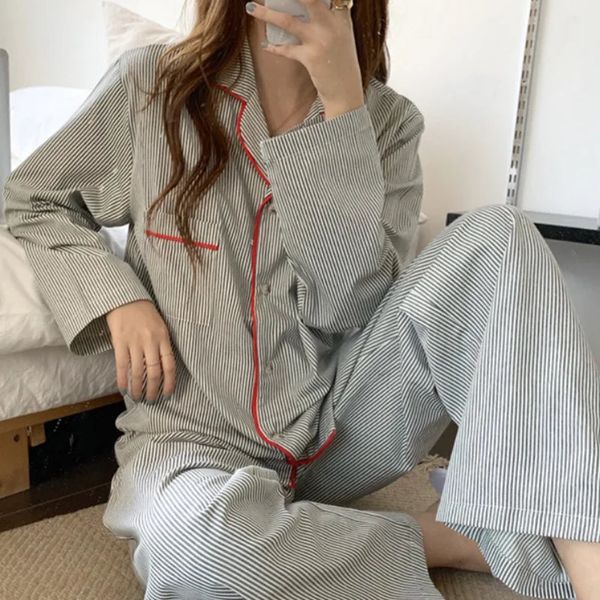 Contracted Stripe Couples Lapel Button Cardigan Long Sleeve Pants Loose Spring Summer ice silk Sleepwear Loungewear 2 Sets 240314
