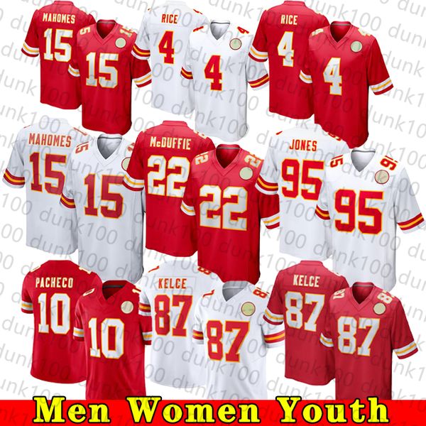 Mens-Youth Custom Football Stitched Jerseys Patrick 10 Mehomes Travis 87 Kalce 52 Creed 25 Clyde Isiah 10 Parcheco Rashee 4Rice For Fans Cus