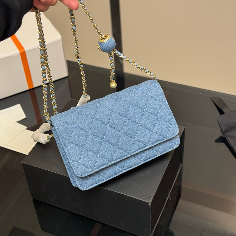 Designer Women Denim Mini Flap Bag Blue Ball Adjustable Matelasse Chain Gold Hardware Diamond Lattice Cross Body Card Holders Coin Purse Shoulder Wa