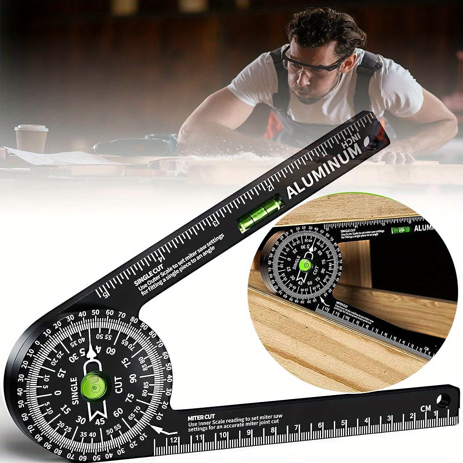 TEMU Aluminum Protractor With Laser Level & Bubble Vial - 360° Protractor For Inside-outside Angle Measurement, With Imperial- Metric Scales For