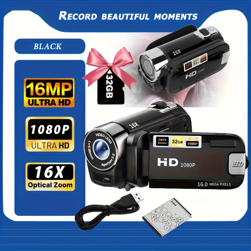 TEMU With A 270° Rotating Led Flip Screen, With A 32gb Memory Card 16x Digital Zoom Camcorder, 1080p, 2.4-inch Screen Display, New High-definition