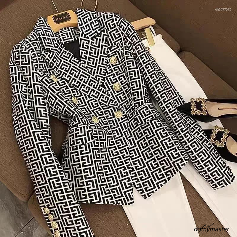 Women&#039;s Blouses France Fashion Double Breasted Pink Geometric Jacquard Slim Suit Jacket Vintage Aesthetic Office Lady Formal Coats ddmymaster