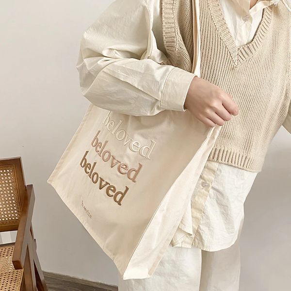 Women Canvas Shoulder Bag Beloved Embroidery Daily Shopping Bags Students Books Thick Cotton Cloth Handbags Tote For Girls 240219