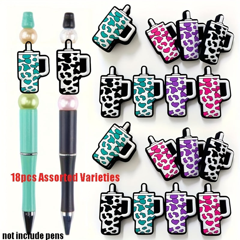 TEMU 18pcs Mixed Cow Print Travel Cup Silicone Beads For Cute Cup Silicone Beads For Pens Keychain Making Diy Crafts Supplies Back To School Gift