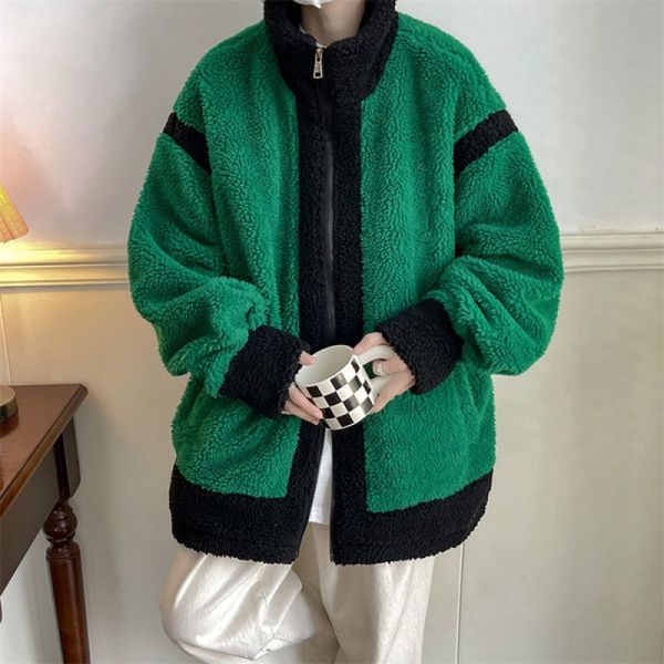 Lamb Wool Polar Fleece Contrast Color Jacket Men&#039;s Winter Loose Coat Turn Down Collar Male Zippers Outerwear