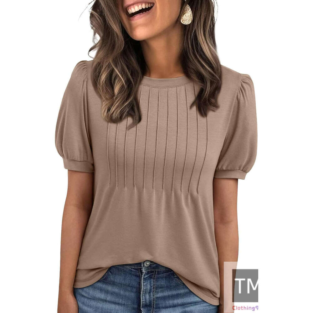 Womens Tops Short Sleeve T-Shirts Blouses Dressy Casual Business Puff Pleated Summer Fashion 2025 Basic Comfy Clothes