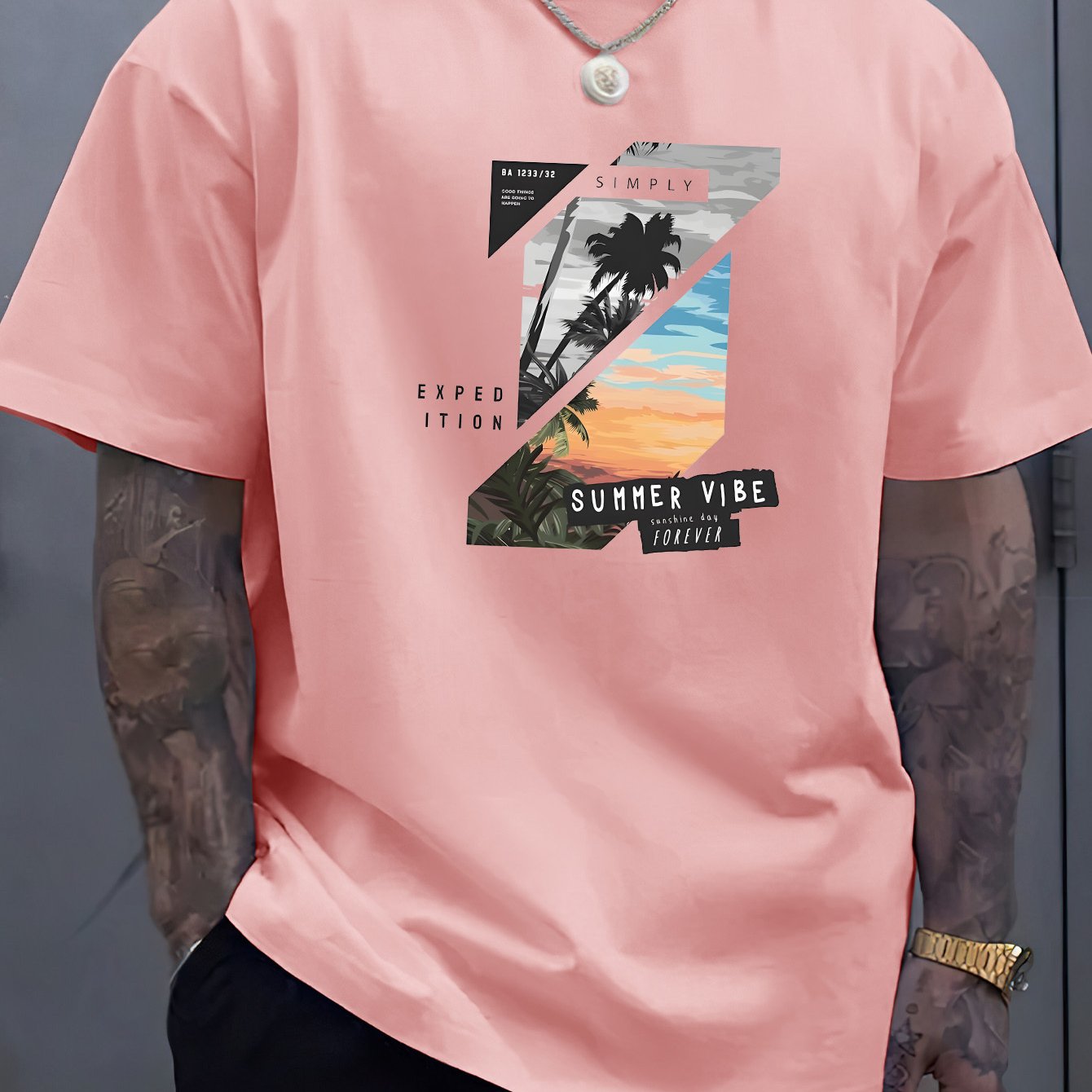 TEMU " Summer Vibe" Stylish Print Summer & Spring Tee For Men, Casual Short Sleeve Fashion Style T-shirt, Sporty New Arrival For Leisure