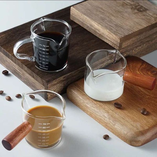 50-75-100ML Espresso Glass Wooden Handle Measuring Cup Milk Latte Jug Coffee Supplies Kitchen Mug Drinkware Double Bottom