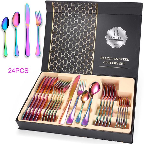Dinnerware Sets 24 Piece Stainless Steel Rainbow Flatware Set Iridescent Cutlery Utensils Service for 6 Mirror Polished dinner set 230724