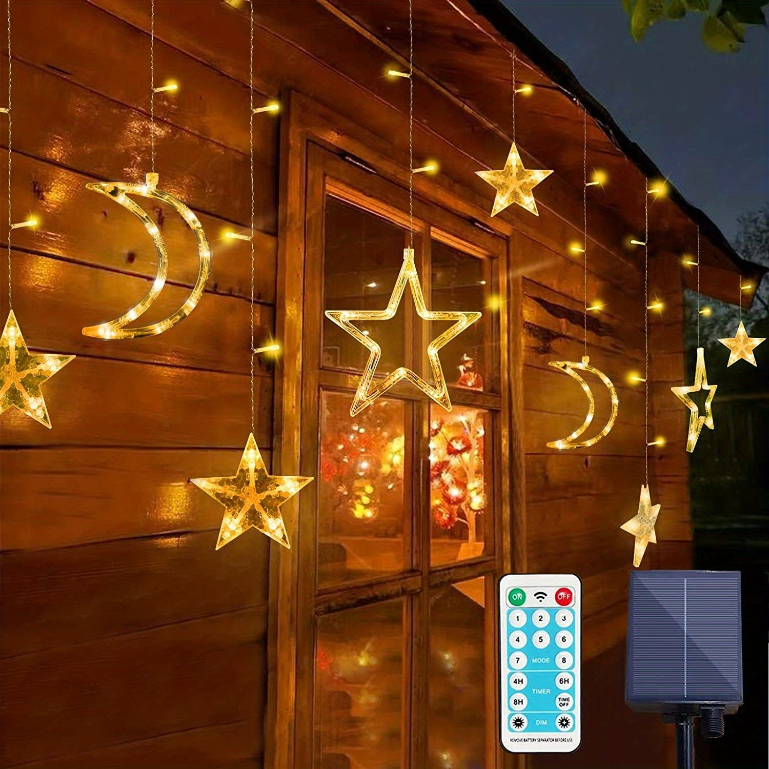 TEMU 2-pack Moon String Lights Outdoor With Remote Control, 8 , Waterproof Fairy Curtain Led Timer For Porch Windows Backyard Patio Decorations,