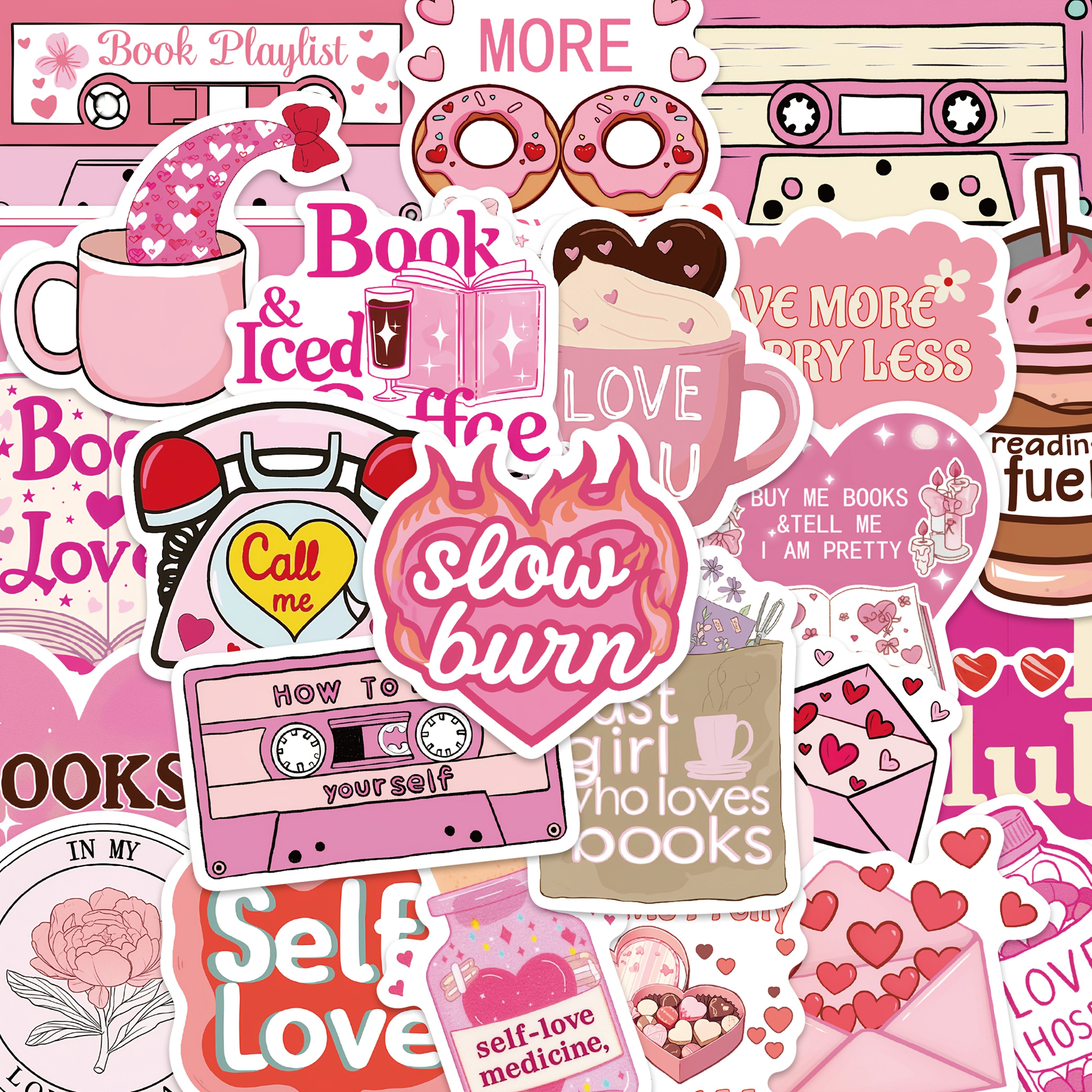 TEMU 50pcs Ywwbld & Books Stickers - Cute Pink With Hearts, Donuts, Coffee Cups, And Book Phrases - Phone Cases, Laptops, Luggage, Mirrors, And