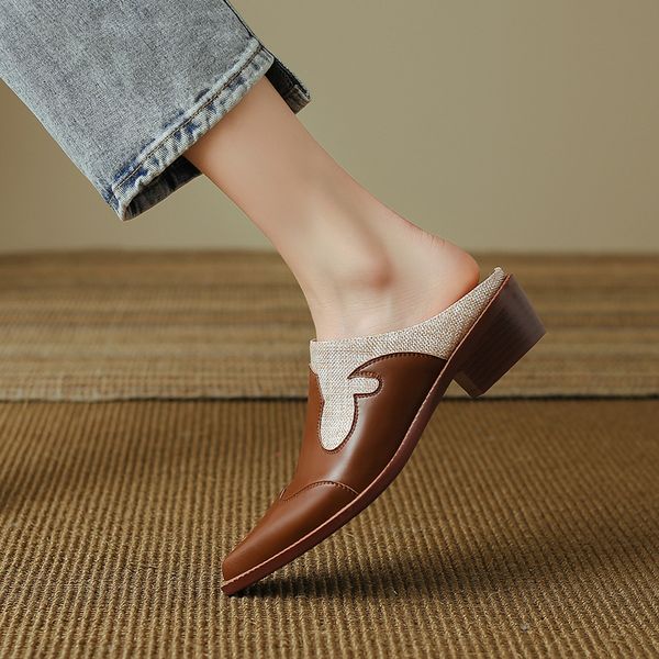 2024 Summer Genuine Leather Shoes for Covered Toe Chunky Heel Mules Sgback Women Sandals Handmade Slippers f2e6