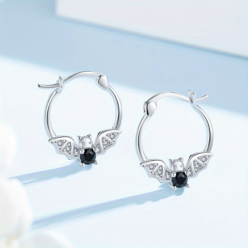 TEMU Chic Bat-inspired Hoop Earrings For Women - Vintage & With Sparkling Cubic Zirconia, Nickel-free Copper, Halloween & Casual Attire