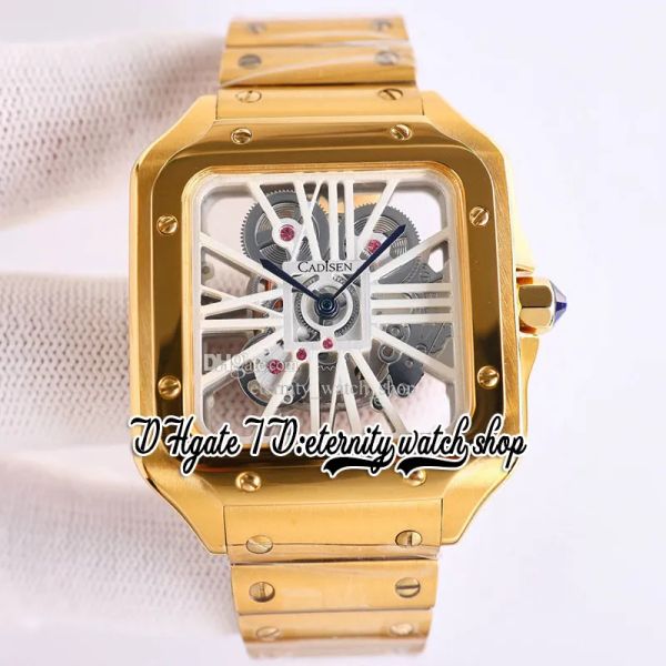 Other Clocks Swiss Ronda 4S20 Mens Watch Quartz Analog Mechanical Skeleton Dial, White Roman Markers, Yellow Gold Case, Stainless Steel 14