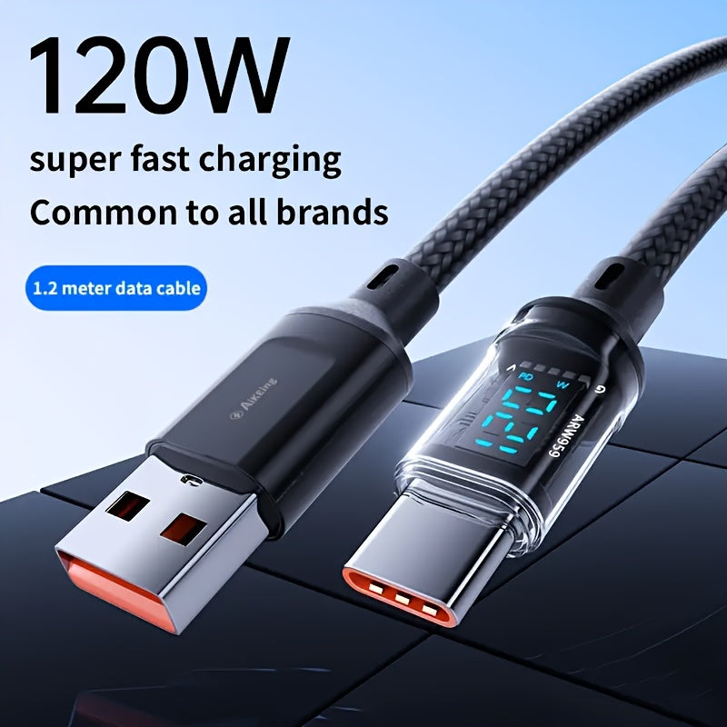 TEMU 120w Ultra Fast Charger Cable With Led Display (usb-) - Usb-a To Type-c Heavy-duty 6a , Compatible With Xiaomi-poco- Smartphones, Tablets,