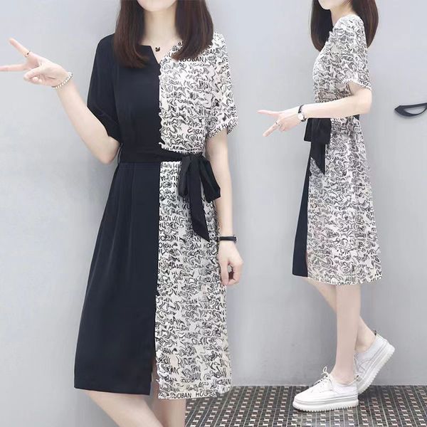 Designer plus-size dress Summer dress Loose navy collar black color contrast simple artistic personality street black and white patchwork En