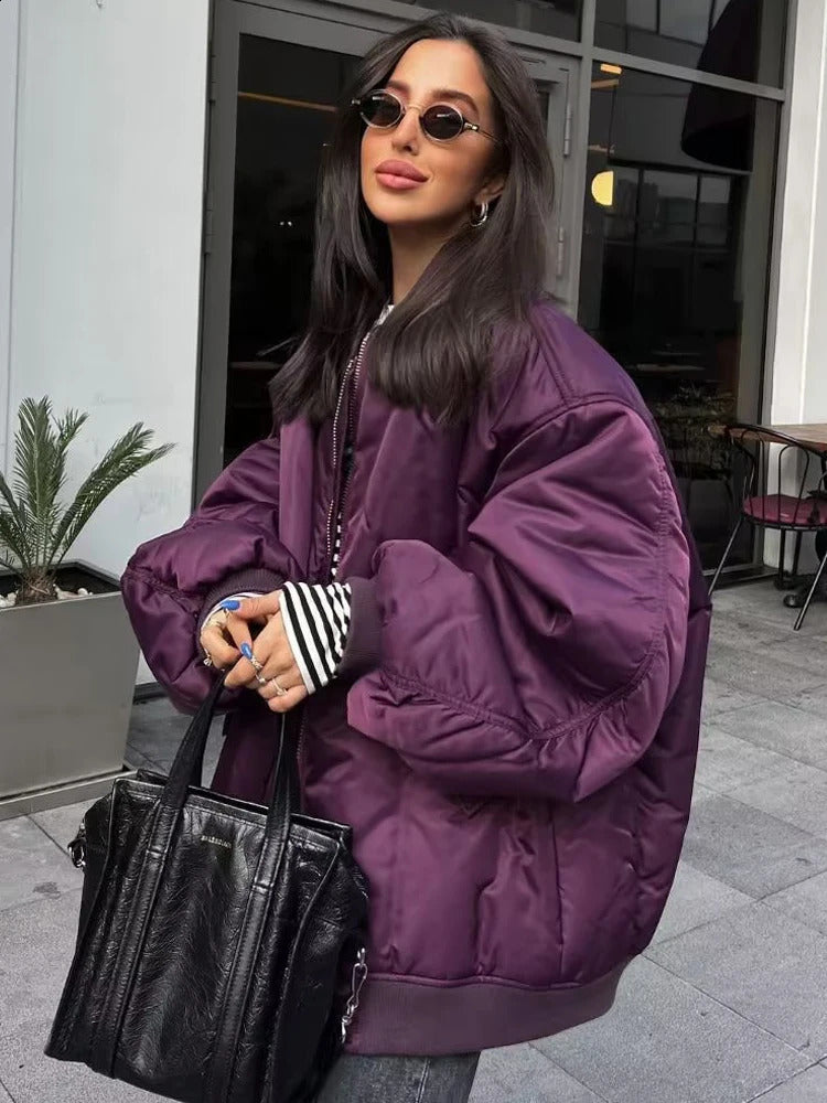 Y2K TRAF Oversized Bomber Jackets for Women 2024 Loose Jacket Coat Lady Chic Stand Collar with Pockets Streetwear Outerwear 240920