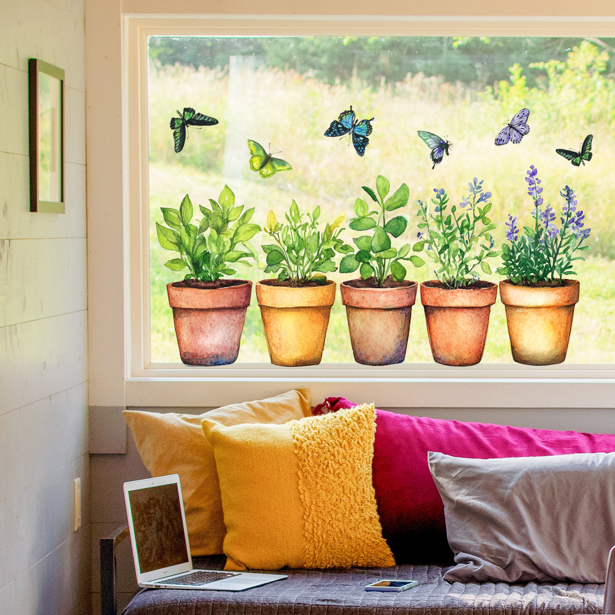 TEMU Vibrant & Potted Plants Window Cling Decal - Self-adhesive, Home Decoration, Plant Pot Design With Colorful Butterflies For Glass & Walls,