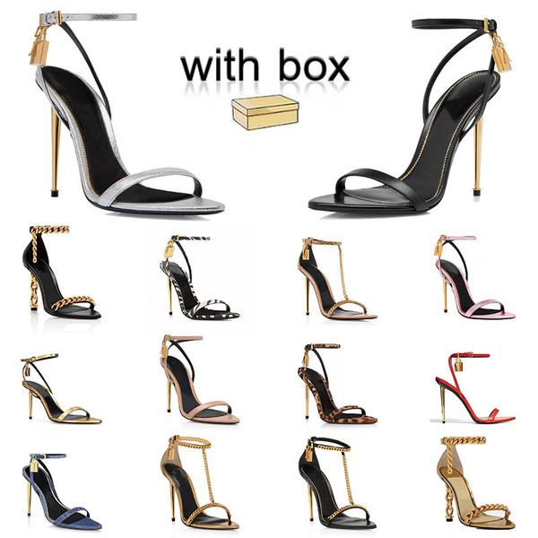 top Designer with box Sliver Leather sandals Women High heels sandal shoes key Padlock ladies party dress gold heels strap womens gold-lock