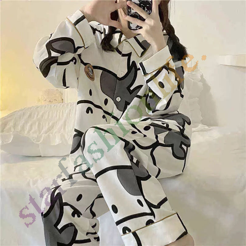 home apparel QWEEK Cow Print Pajamas Two Piece Set Autumn Pijamas Women Cotton Cute Home Clothes Pyjamas Sleepwear Japanese Style Kawaii 211211217q