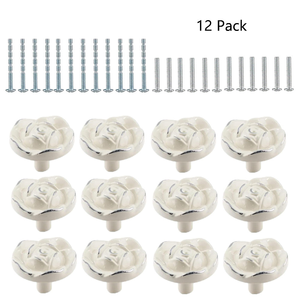 TEMU 12 Pack Drawer Knobs, White Rose Cabinet Knobs, Flower Drawer Knobs, Floral Handle Pulls For Dressers Drawers Cabinets, White & Silver Edge