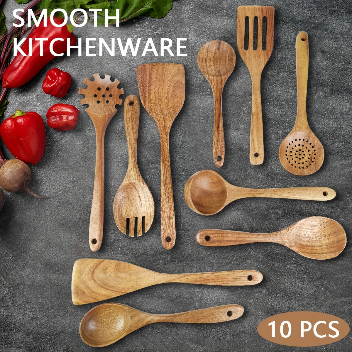 TEMU 10-piece Premium Wooden Kitchen Utensils Set - Ergonomic Handles Natural Wooden Spoons Ladle And Wok Spatulas For Heat Resistant Easy To Clean