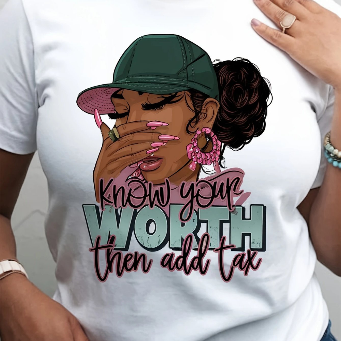 TEMU Plus Size Women's Cotton T-shirt - " Add Tax" Empowering Graphic Tee With Stylish Glasses Design, Breathable Round Neck Short Sleeve Casual Top