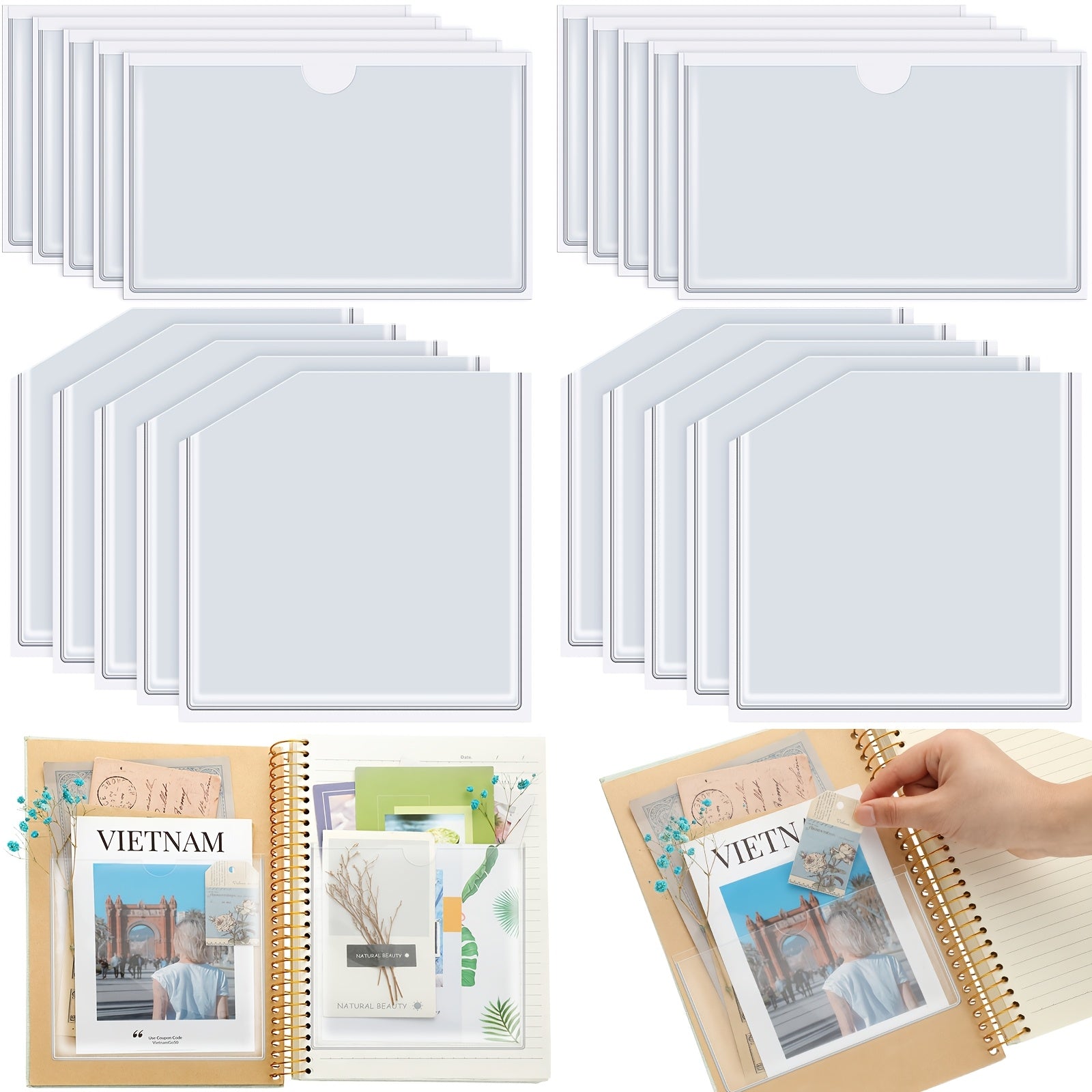 TEMU 20pcs Skylety Vinyl Adhesive Pockets For Planners, Clear Self-sticky Index Card Holder, Top , 2 Styles, Space For Notebooks, Journals, Office &