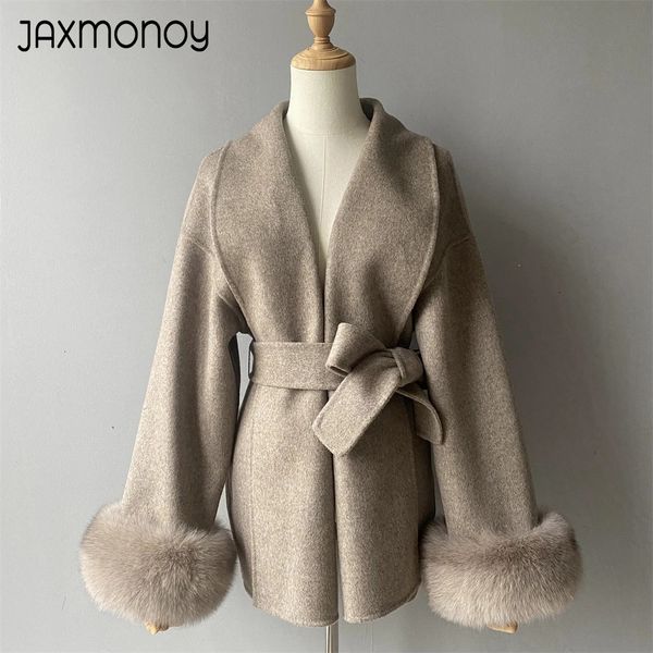 Jaxmonoy Womens Wool Coat with Real Fur Collar and Cuffs Autumn Winter Arrival Ladies Jacket 2024 In Outerwear 241202