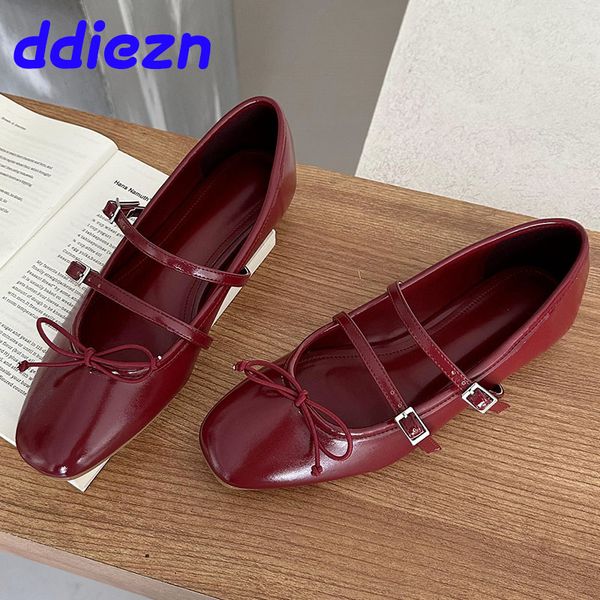 Women&#039;s Red Ballet Flats: Stylish Buckle Strap Butterfly-Knot Round Toe Flats for Ladies dh5727163