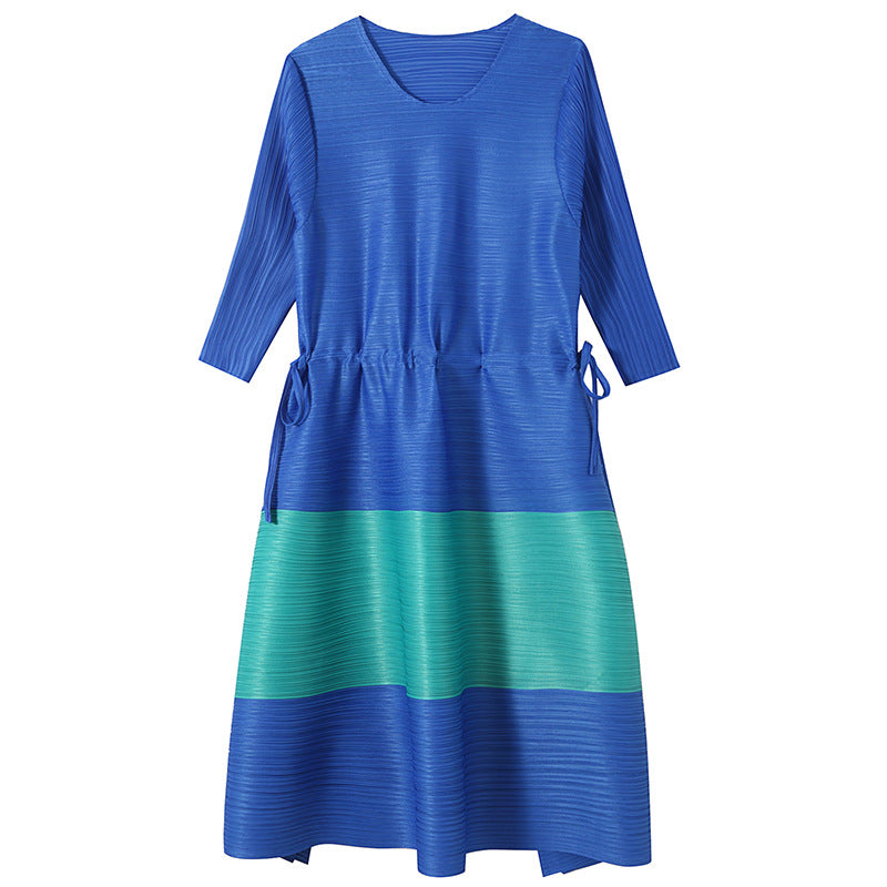 (121) Round neck loose dress with large swing A-line skirt Spring and summer women&#039;s color matching skirt