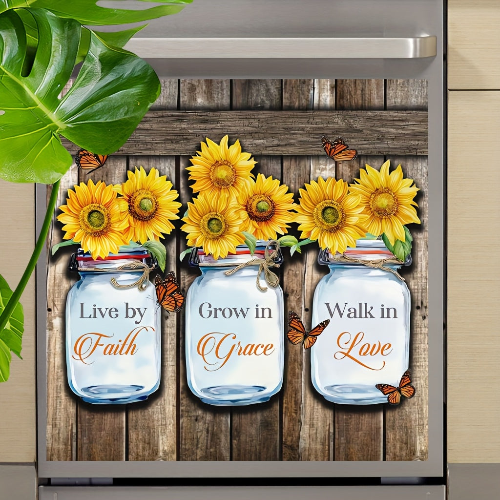 TEMU 1pc Sunflower Vase Oven Sticker - Rustic "live , Grace, " Design With Yellow Sunflowers & Butterflies, Vinyl Material, Contemporary Style,