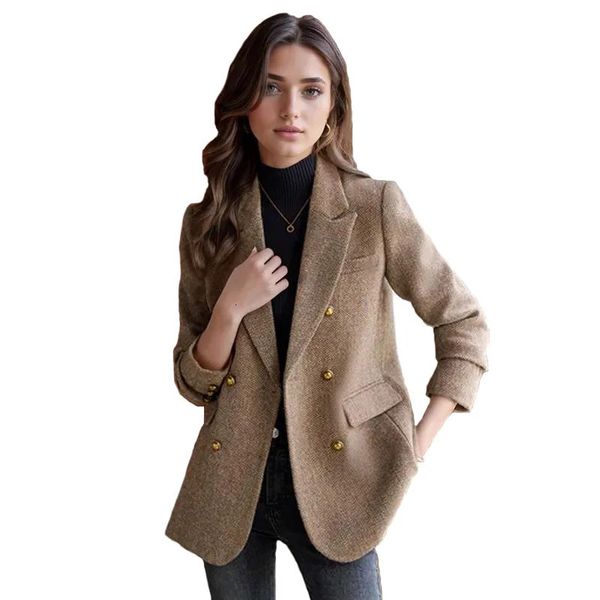 Autumn Winter Blazer Coats Womens Woolen Jackets Long Sleeve Notched Vintage Thick Outerwears Elegant Female Clothes 250109