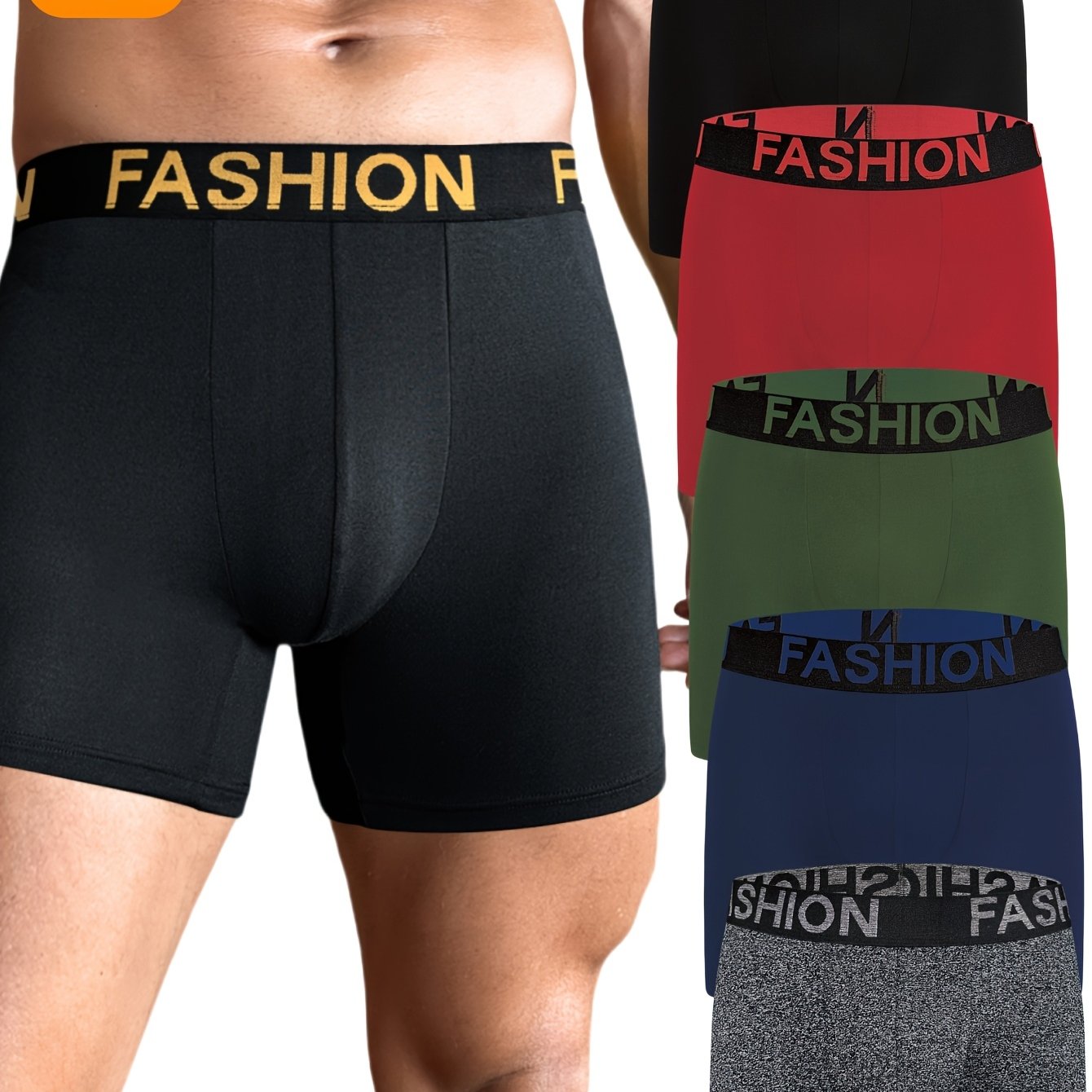 TEMU 5 paquetes de calzoncillos tipo boxeador para hombre - Suaves, transpirables, cómodos y con estampado de 'FASHION' en negro, rojo, verde, azul y