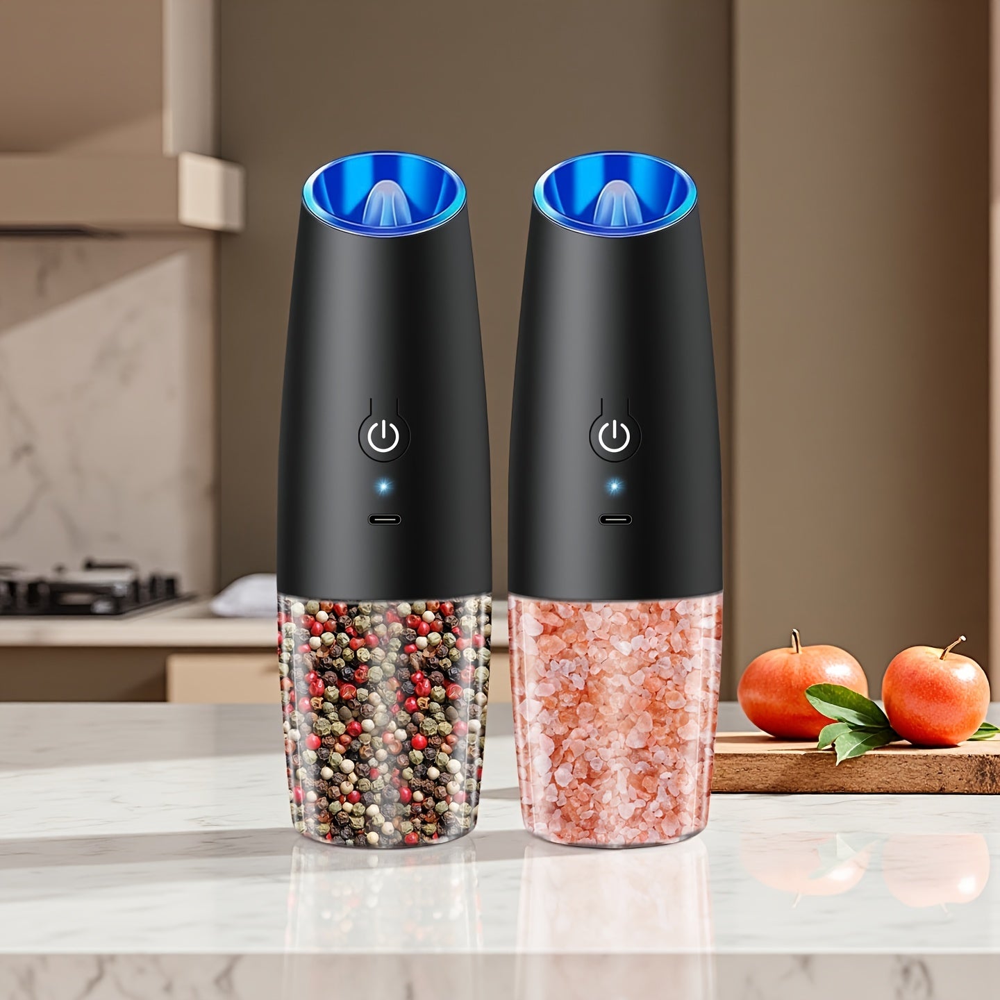 TEMU Usb Rechargeable Salt And Pepper Grinder Set Of 2pcs, Electric Salt And Pepper Mill With Adjustable Coarseness, Automatic Salt Grinders Spice