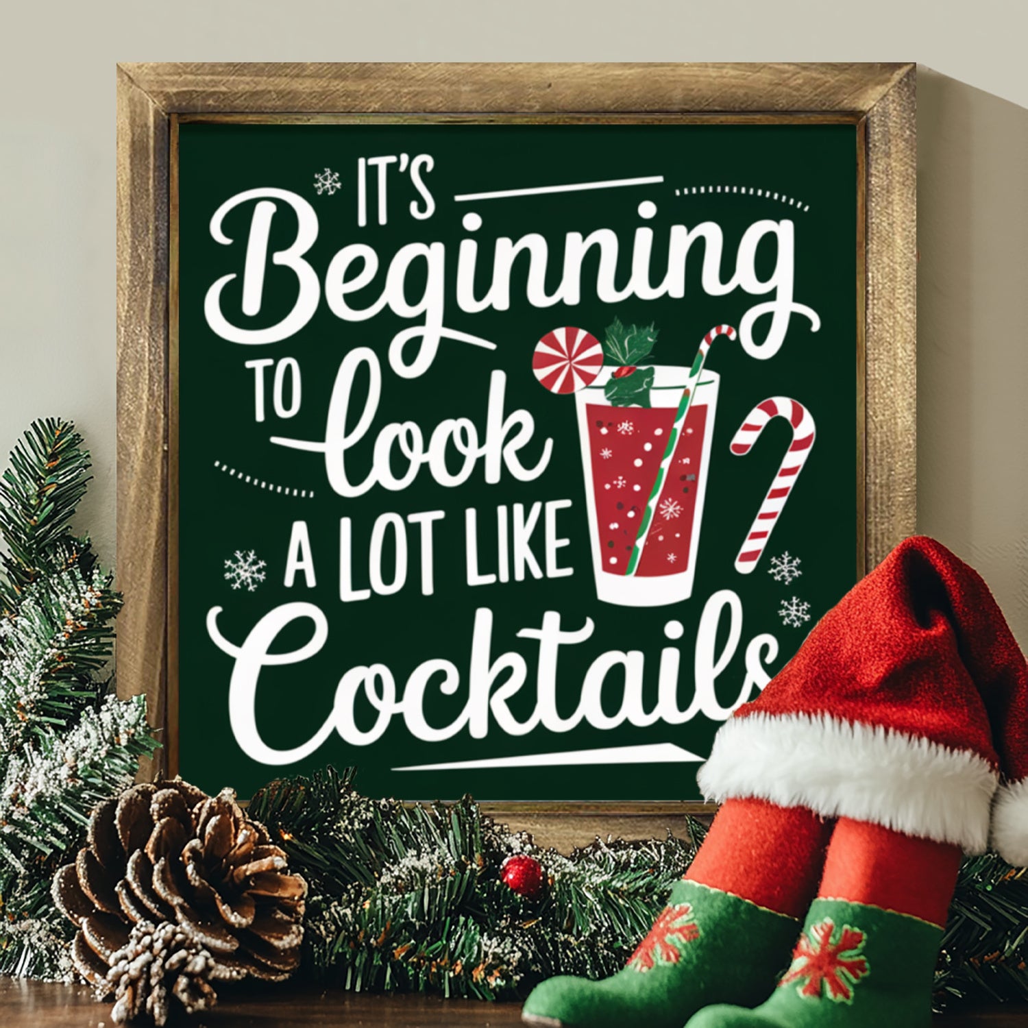 TEMU 8x8 Inch Rustic Farmhouse Christmas Wall Decor - " Beginning To Look Like Cocktails" Sign With Red Cocktail Glass, Dark Green Background - With