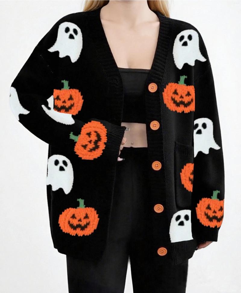 Women&#039;s Blouses Pumpkin Patterned Knitted Pullovers Halloween Festival Loose Fit Long Sleeve Sweater Autumn Winter O Neck Cardigan Jumpers