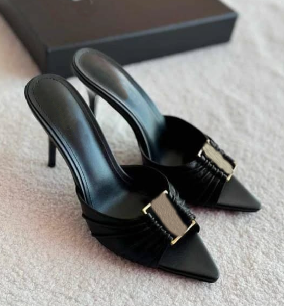 Babylone Stiletto heel Elegant woman pump open toe mule slide wedding party dress shoes black calfskin leather with black & gold & sliver bu