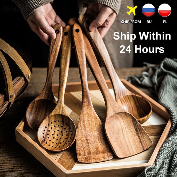 Cooking Utensils Thailand Teak Natural Wood Tableware Spoon Ladle Turner Long Rice Colander Soup Skimmer Spoons Scoop Kitchen Tool Set 23071