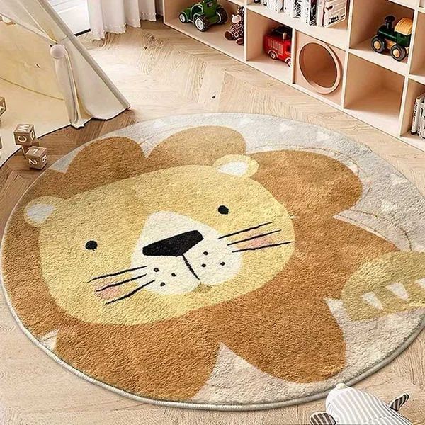 Living Room Carpet Round Cartoon Cute Lion Carpets Bedroom Rug Floor Mat Soft Fluffy Kids Plush Rug Home Decoration Gamer Mat Y250210