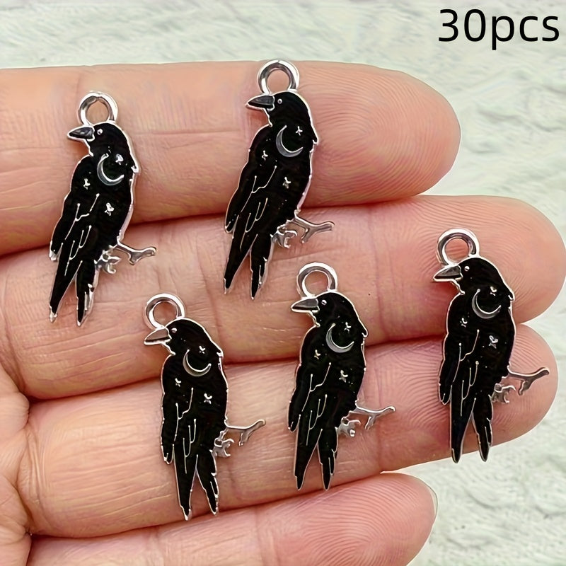 TEMU 30pcs Gothic Moon Crow Charms - Enamel-like Black Finish With Intricate Details, High-quality Metal For Making, Earrings, Necklaces, Bracelets,