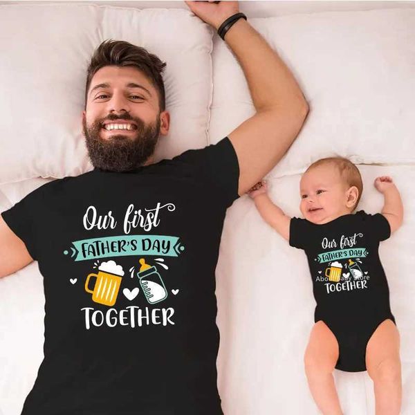 Family Matching Outfits Funny Our First Fathers Day Together Family Matching Shirts Cotton Daddy and Daughter Son Tshirts Baby Rompers New D