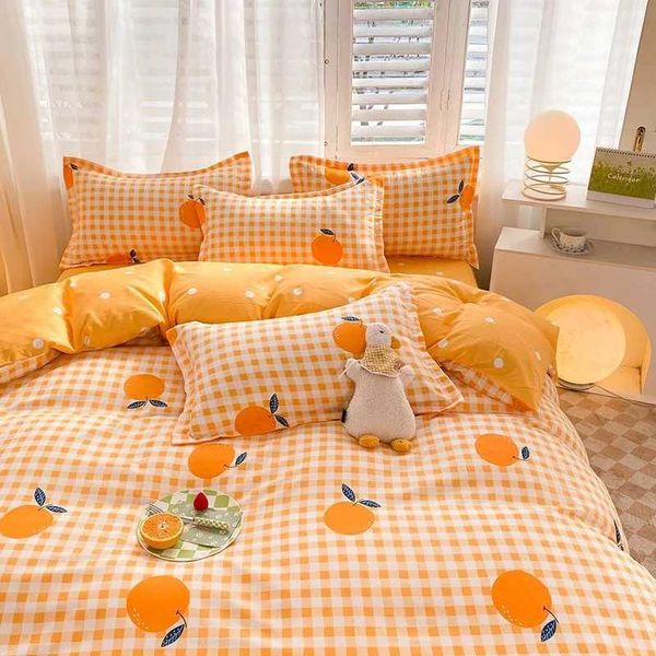 Ins Orange plaid down duvet cover flat pillowcase double-layer full-size pink blue bedding childrens home decoration W240801