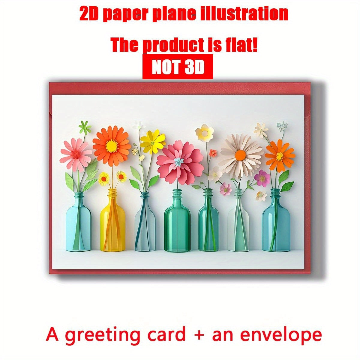 TEMU 1set-1pc-2pcs (not 3d) Exquisite 2d Flat Flower Vase Illustration Greeting Card, Folding Page 12*18cm-4.72*7.09inch; Open 24*18cm-9.45*7.09inch