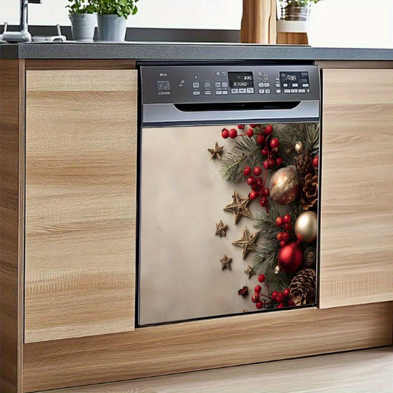 TEMU 2d Flat, 2pcs Christmas Dishwasher Decals - Red Berries, Pine Cones, Garland - Magnetic - Easy To Apply & Remove - For Dishwasher, Cabinets,