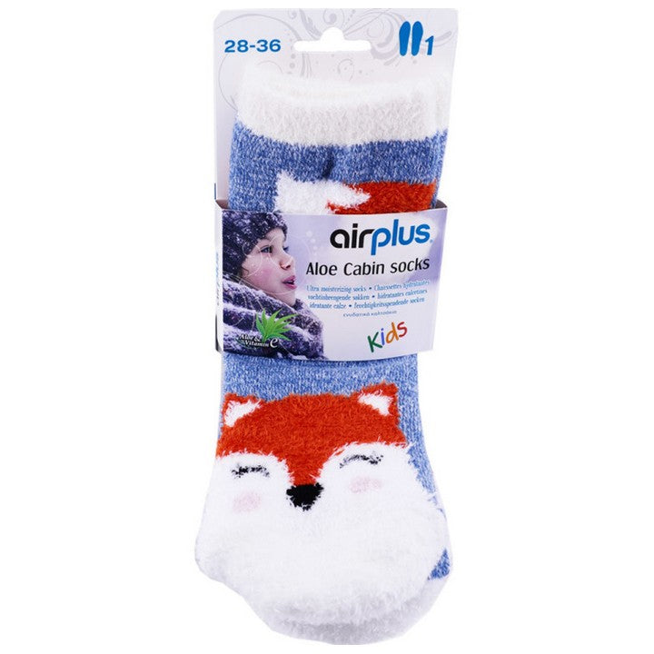AirPlus Aloe Cabin Socks Kinder – Feuchtigkeitsspendende Socken – Farbe Blau-Weiß – Fuchsmuster – Größe 28–36
