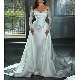 Engagement Grande occasion Robes de mariée Fourreau - Colonne Epaules Dénudées manche longue Traîne Chapelle Satin Robes de mariée Avec Appliques Couleur Plein