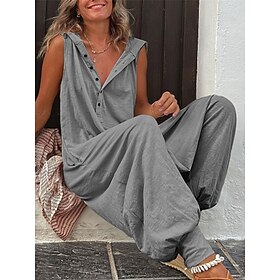 Women's Jumpsuit Button Solid Color V Neck Streetwear Street Daily Regular Fit Sleeveless Wine Army Green Purple S M L Summer
