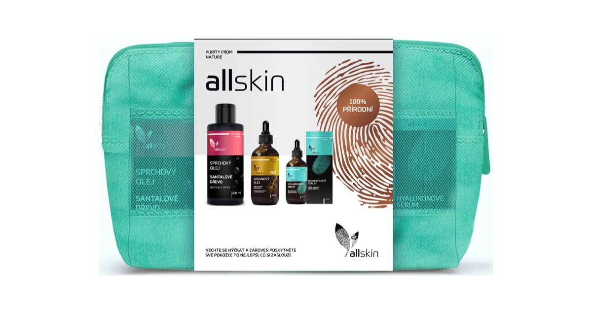 Allnature Allskin Presentförpackning Argan ekologisk ansiktsolja 100 ml + hyaluronserum 25 ml + duscholja i sandelträ 200 ml